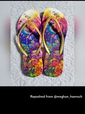 Lisa Frank Gold Strap Flip Flops with Colorful Dolphin Print